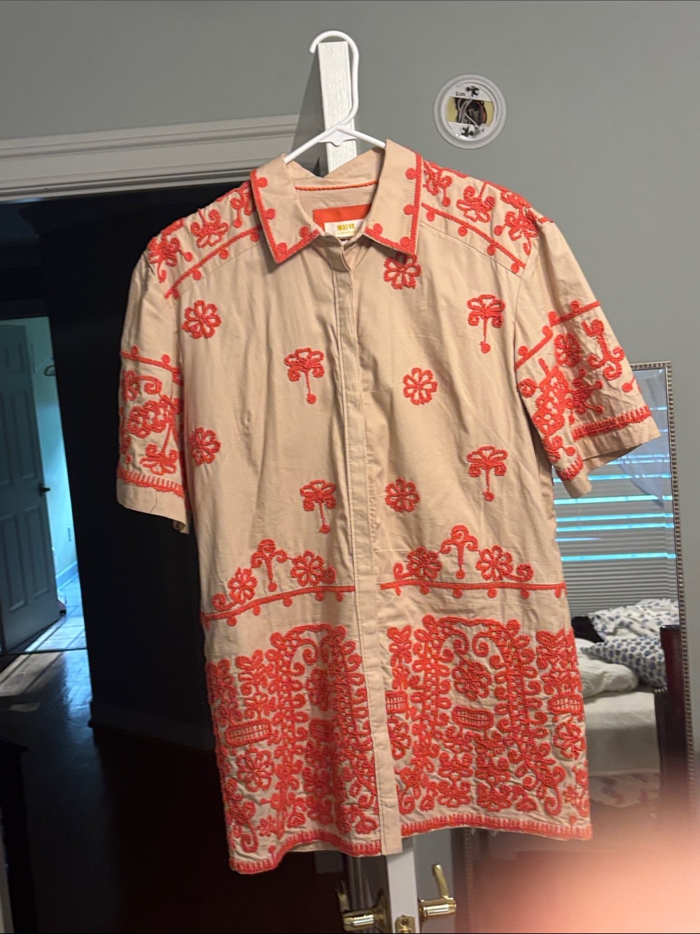 Maeve Anthropologie Embroidered Short-Sleeve Shirt Dress -with Coral Embroidery